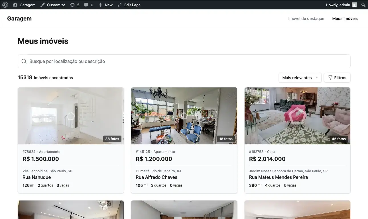Plugin WordPress Garagem — busca e listagem de imóveis