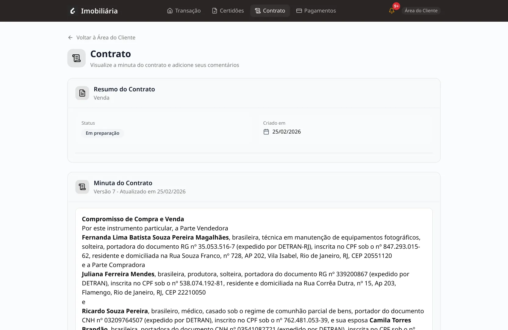 Área do Cliente — contrato e assinatura