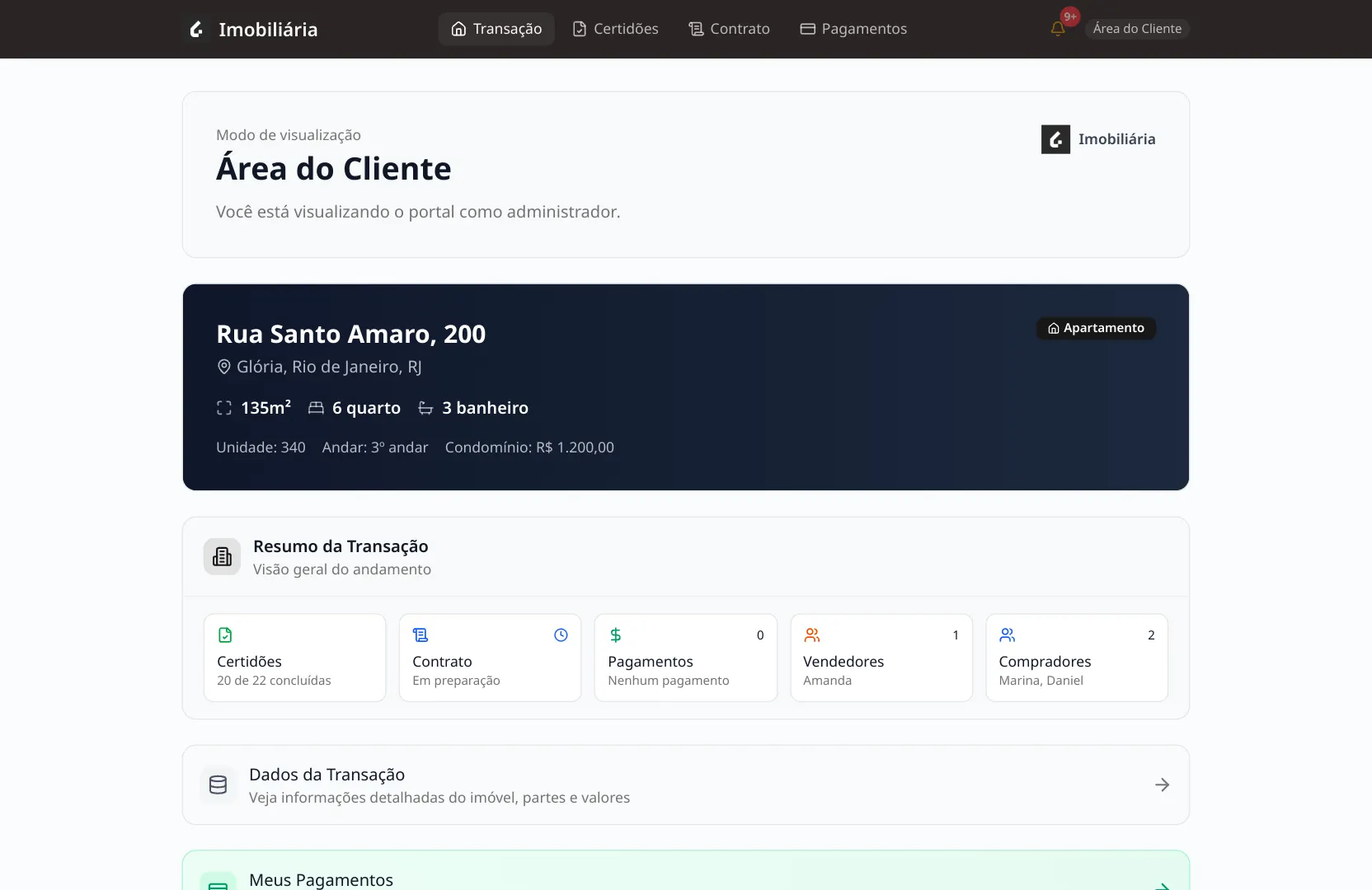 Área do Cliente — dados e visão geral da transação