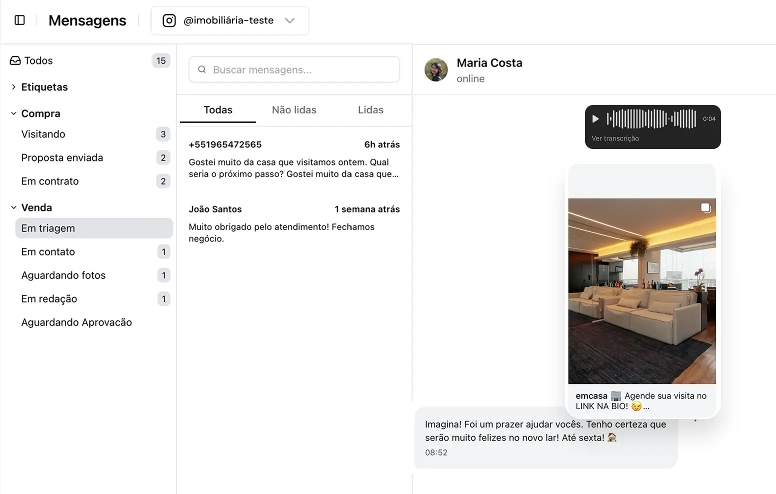 Interface do WhatsApp integrado ao sistema de gestão de clientes