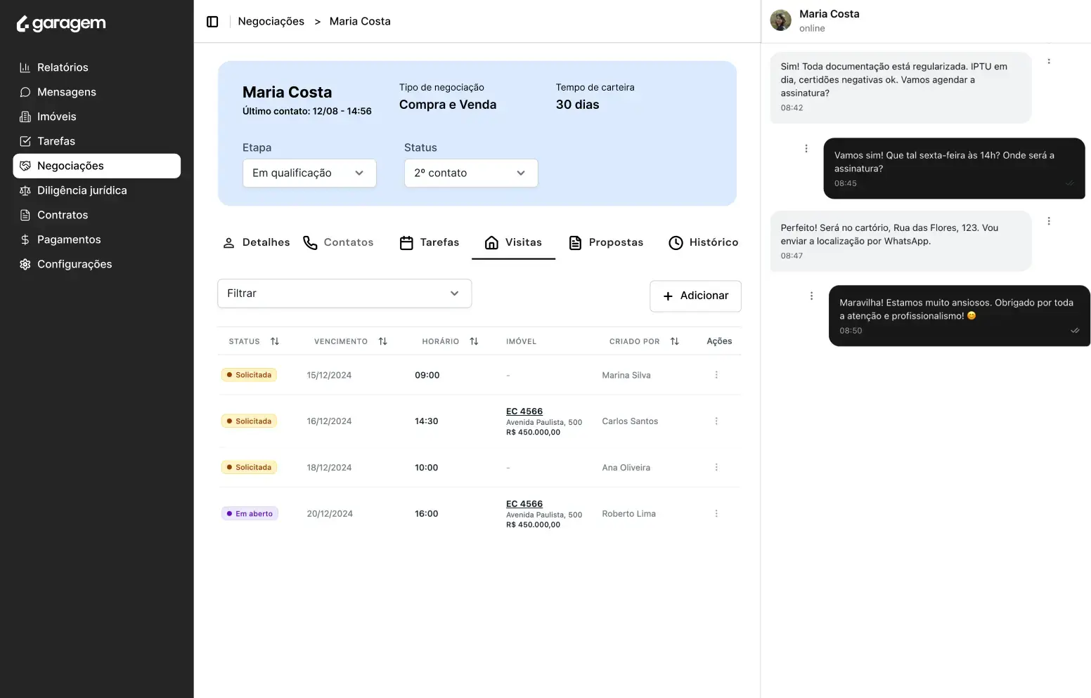 Interface do WhatsApp integrado ao sistema de gestão de clientes
